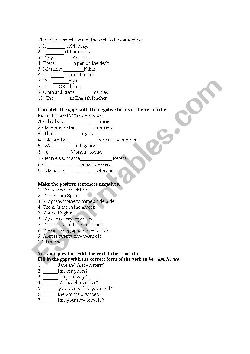 verb to be worksheet