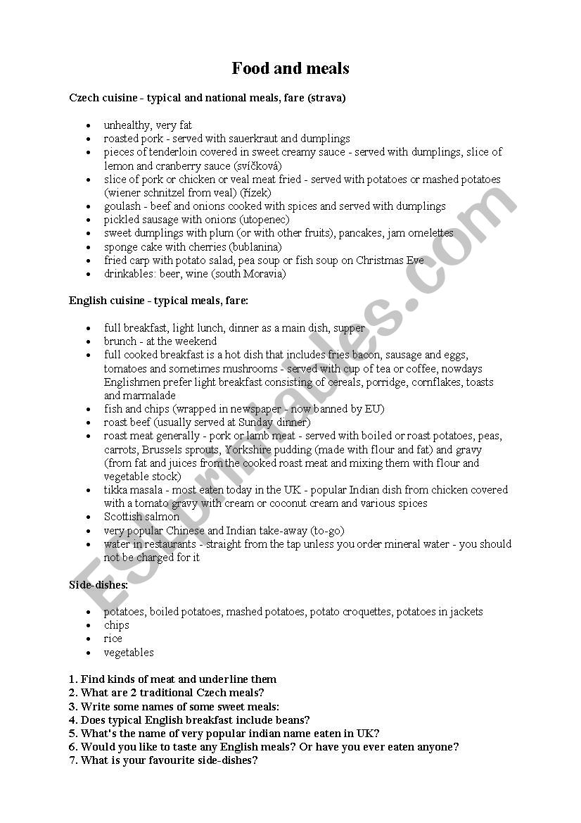 Food and meals worksheet