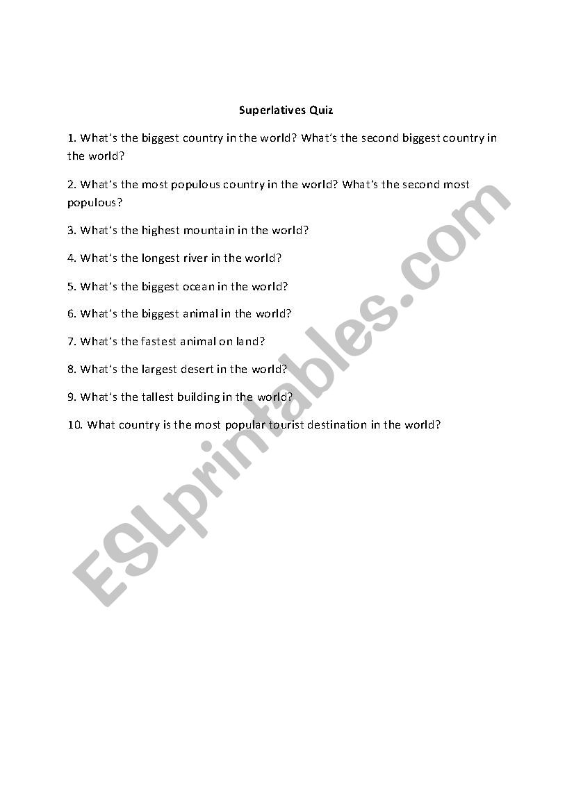 Superlatives Quiz worksheet