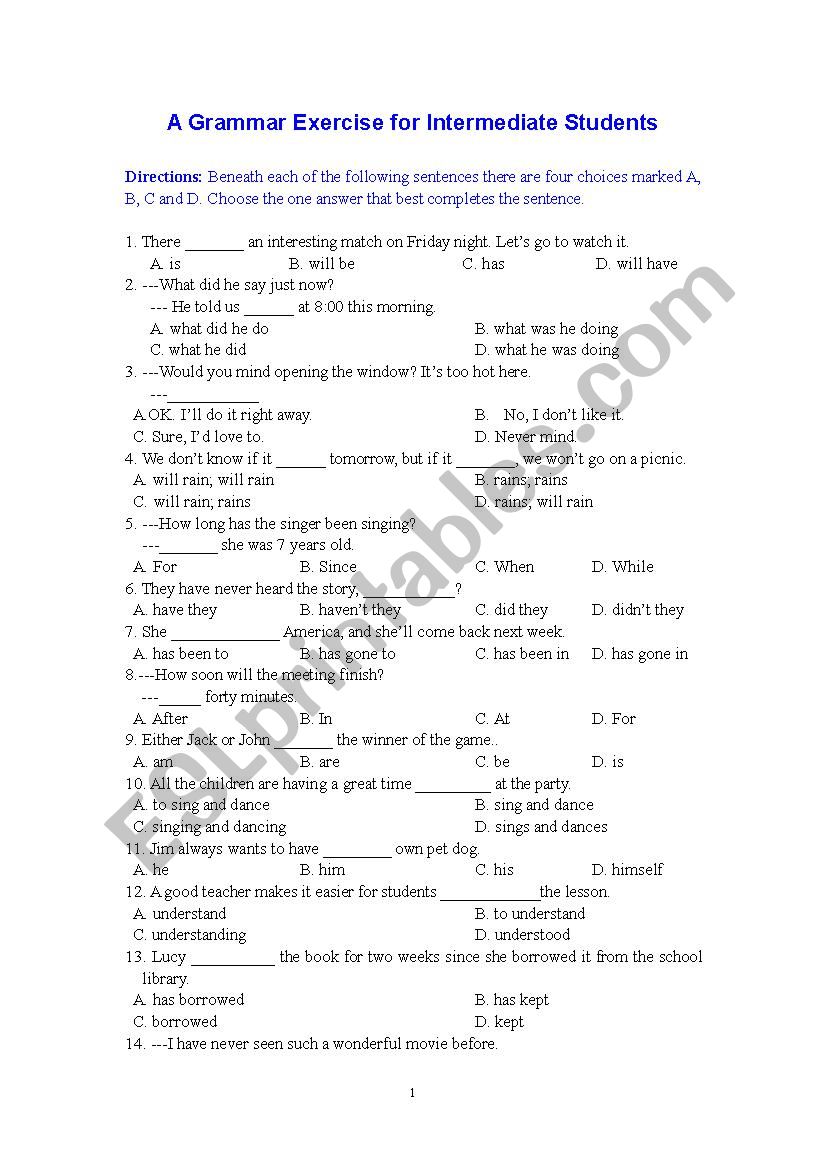 A Grammar Exercise For Intermediate Students ESL Worksheet By Yztcg2002