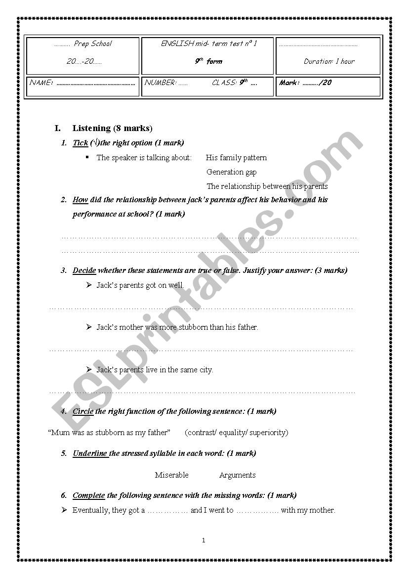 ENGLISH mid- term test n° 1 9th form - ESL worksheet by nouda