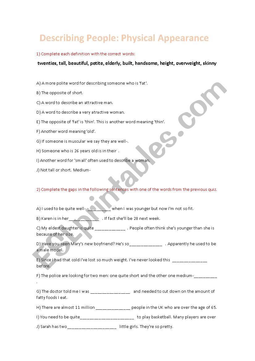 Describing People worksheet