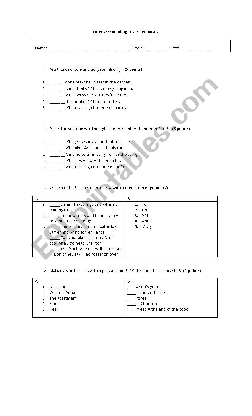 Red Roses worksheet