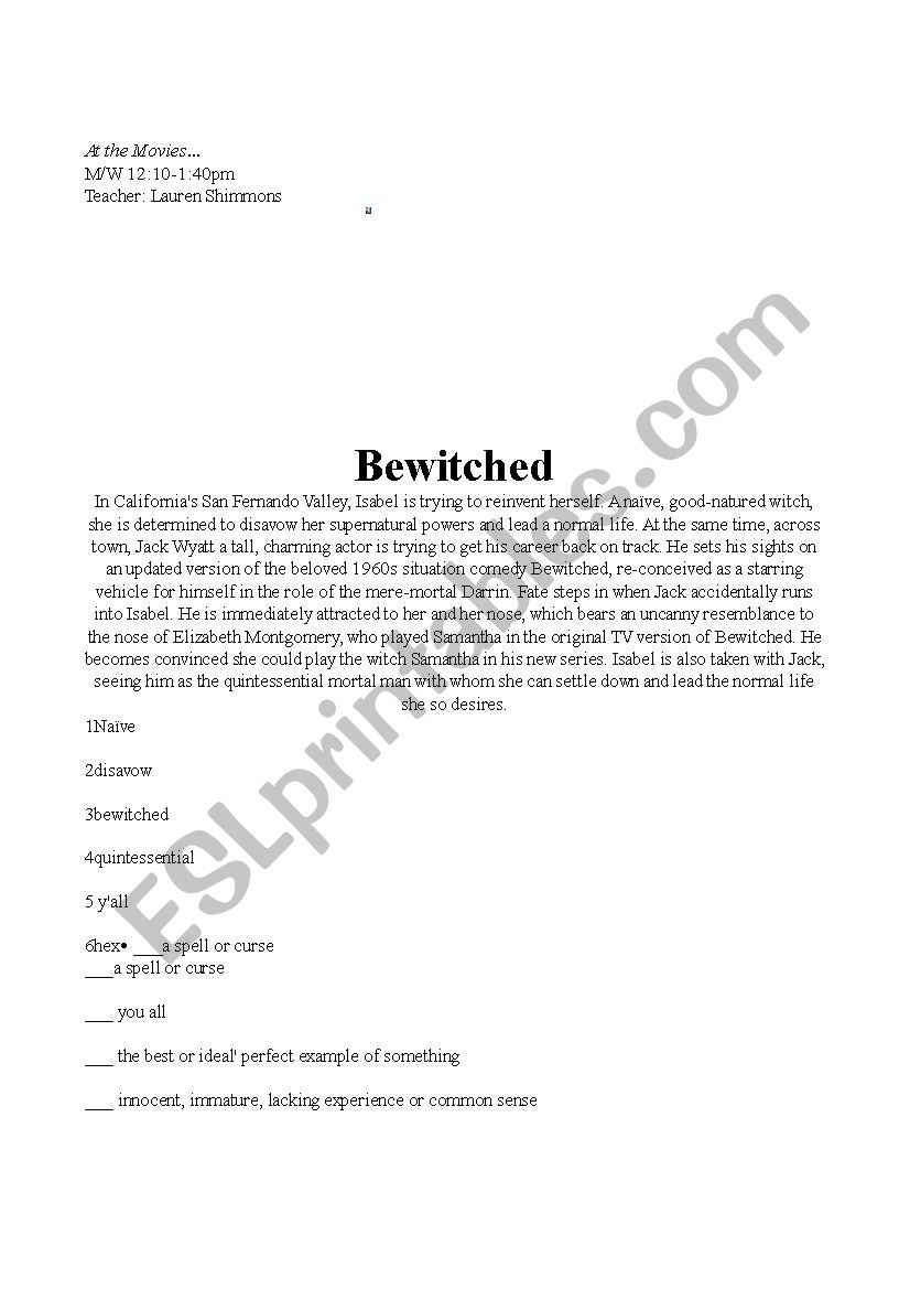 Bewitched Movie Lesson worksheet