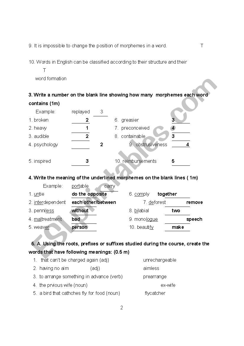 English morphology test