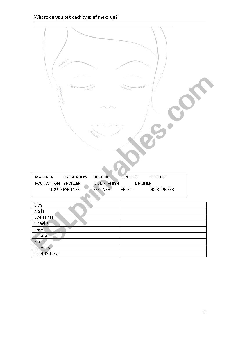 face and make up  worksheet