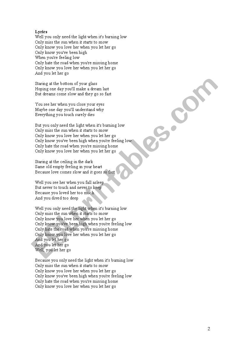 Song Let Her Go By Passenger Esl Worksheet By