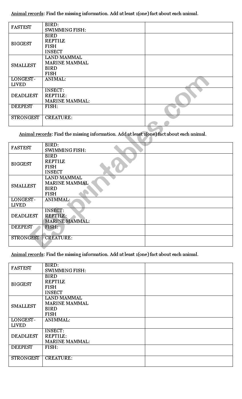 Animal records worksheet