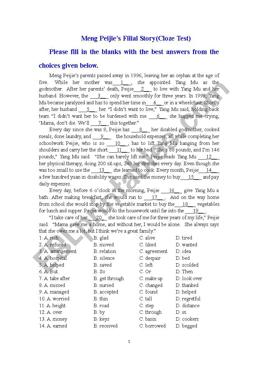 Meng Peijies Filial Story(Cloze Test)