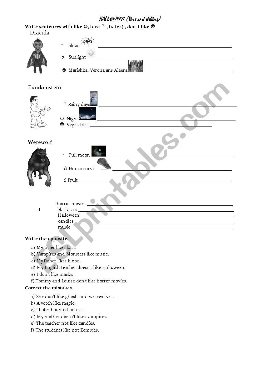 Likes and dislikes worksheet