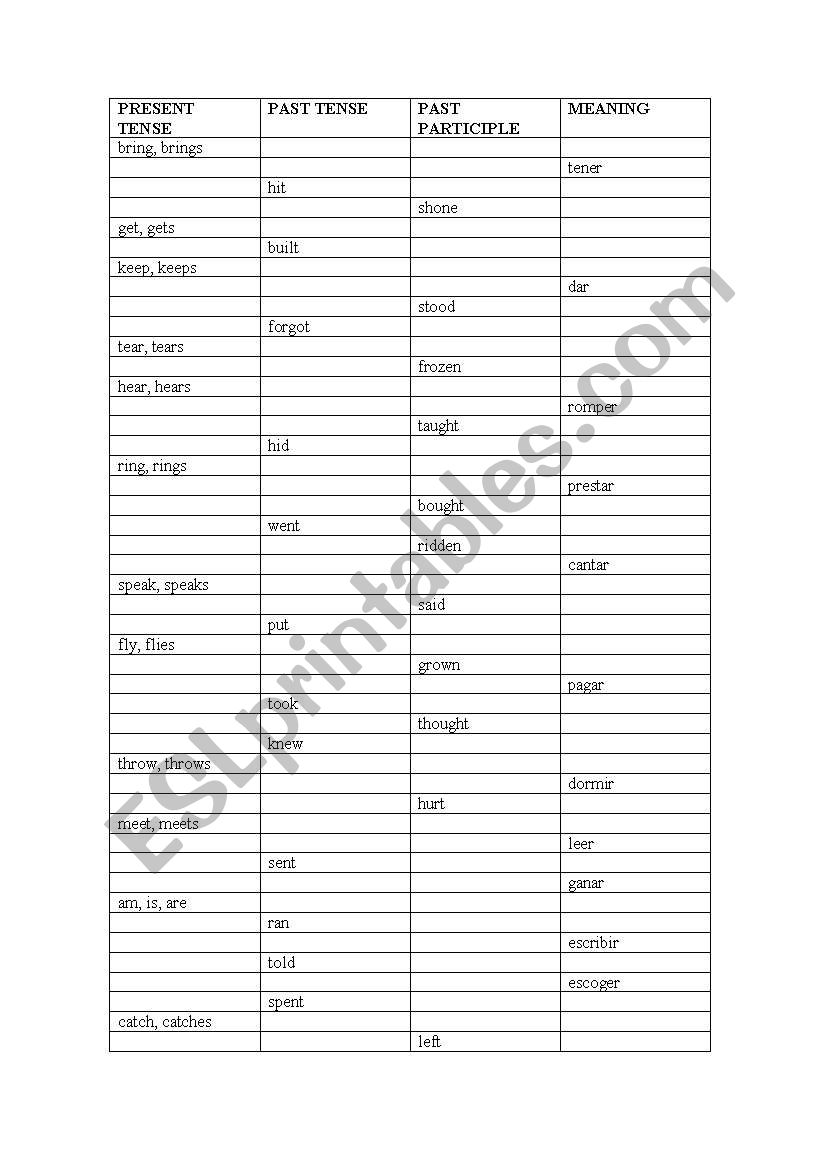 Irregular verbs exam worksheet