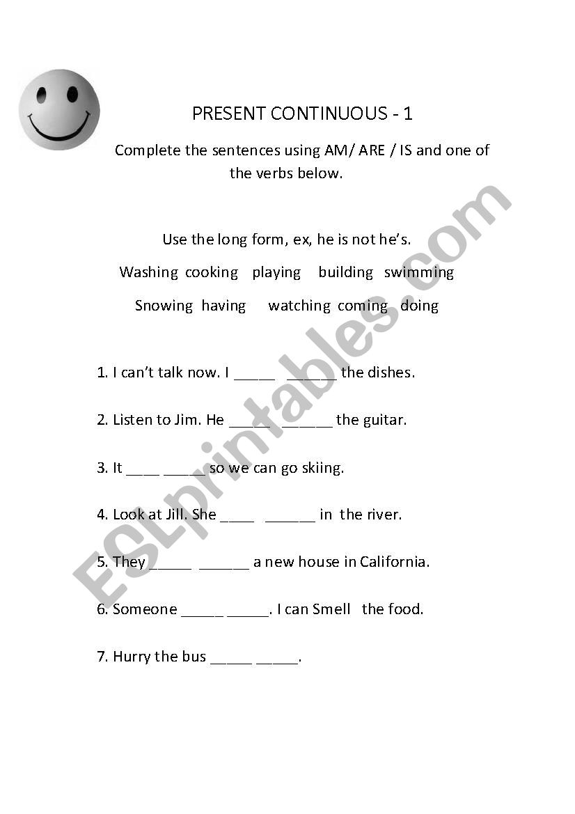COMPLETE USING AM IS ARE worksheet