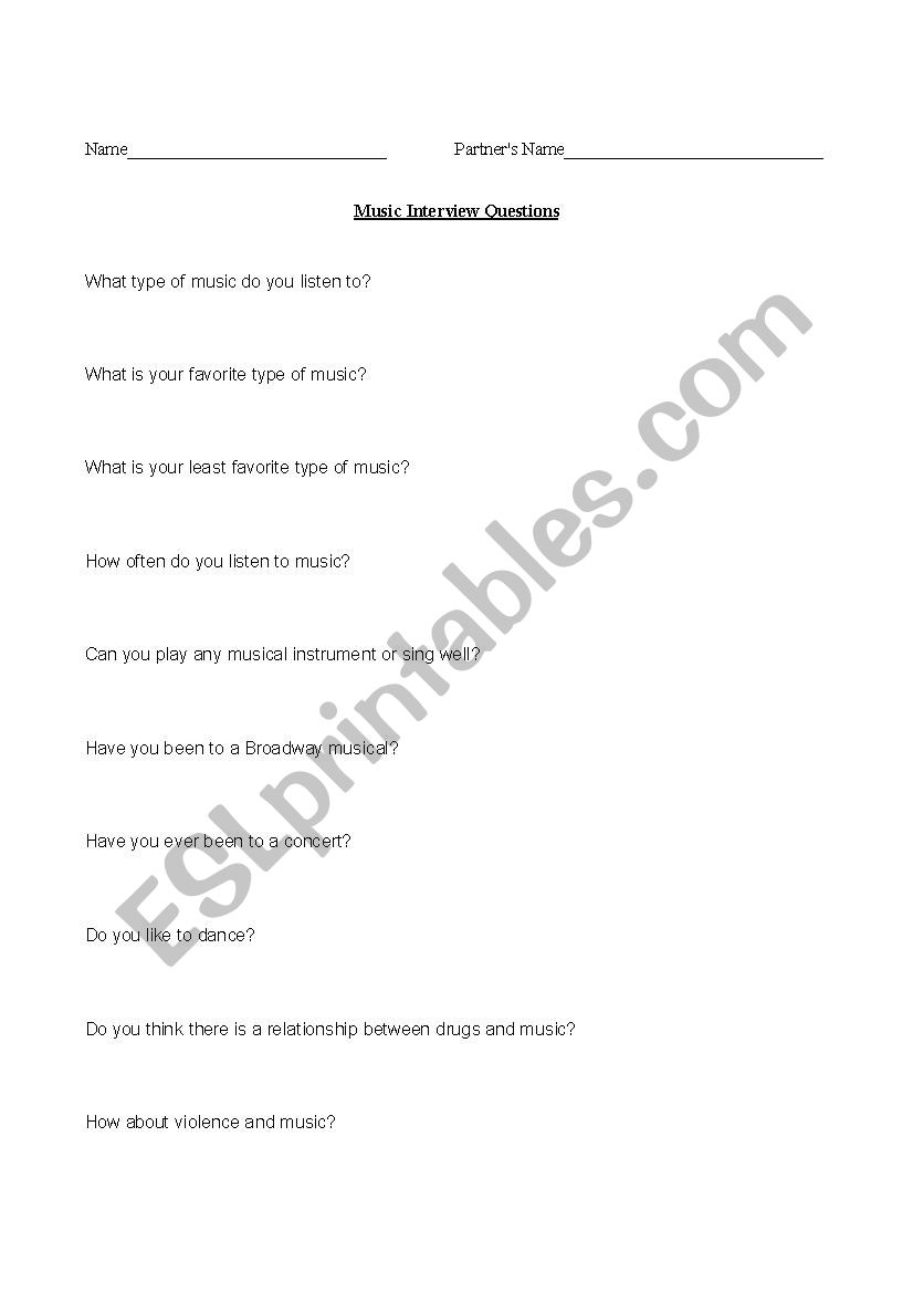 Music Discussion Questions worksheet