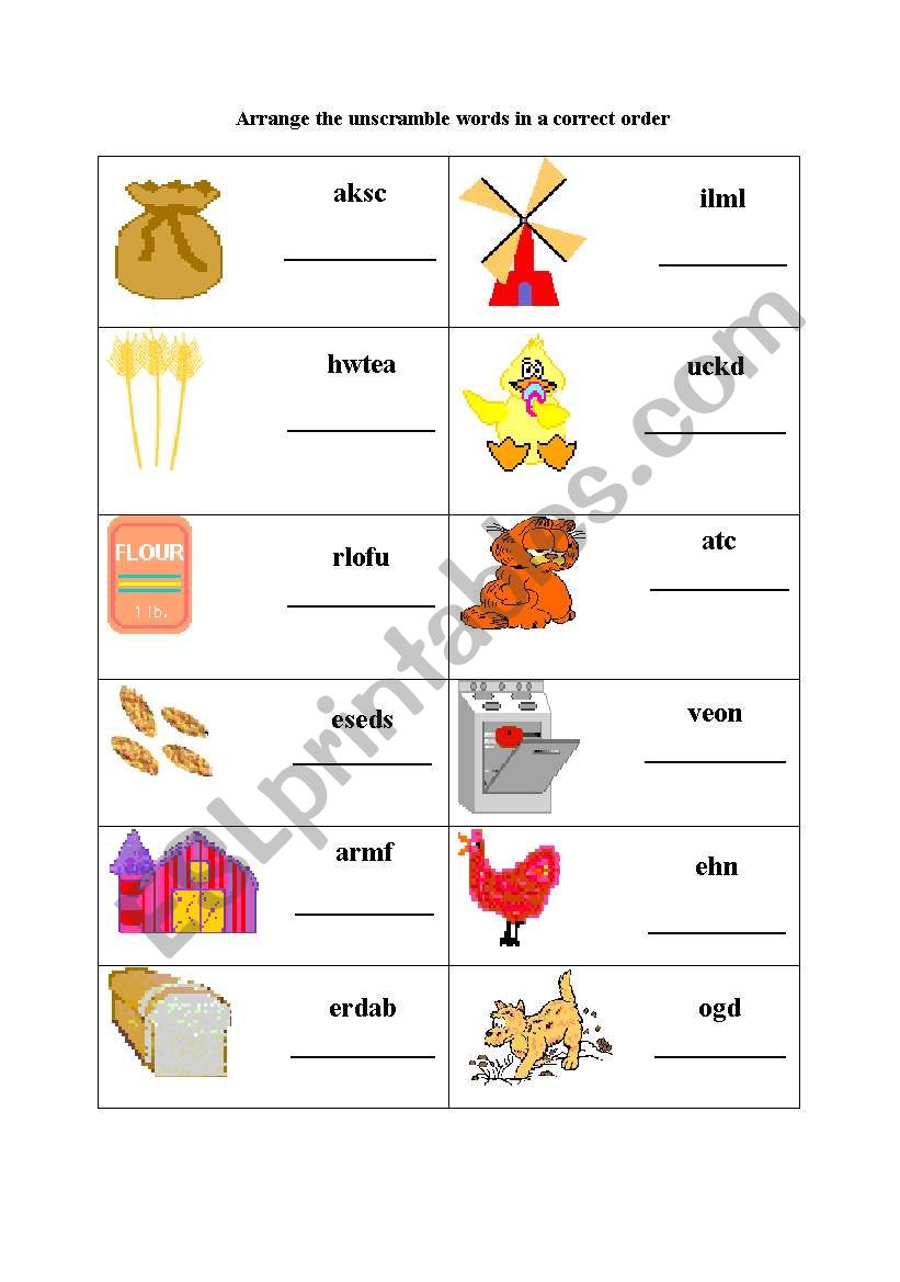 uncramble words about The Little Red Hen or farm