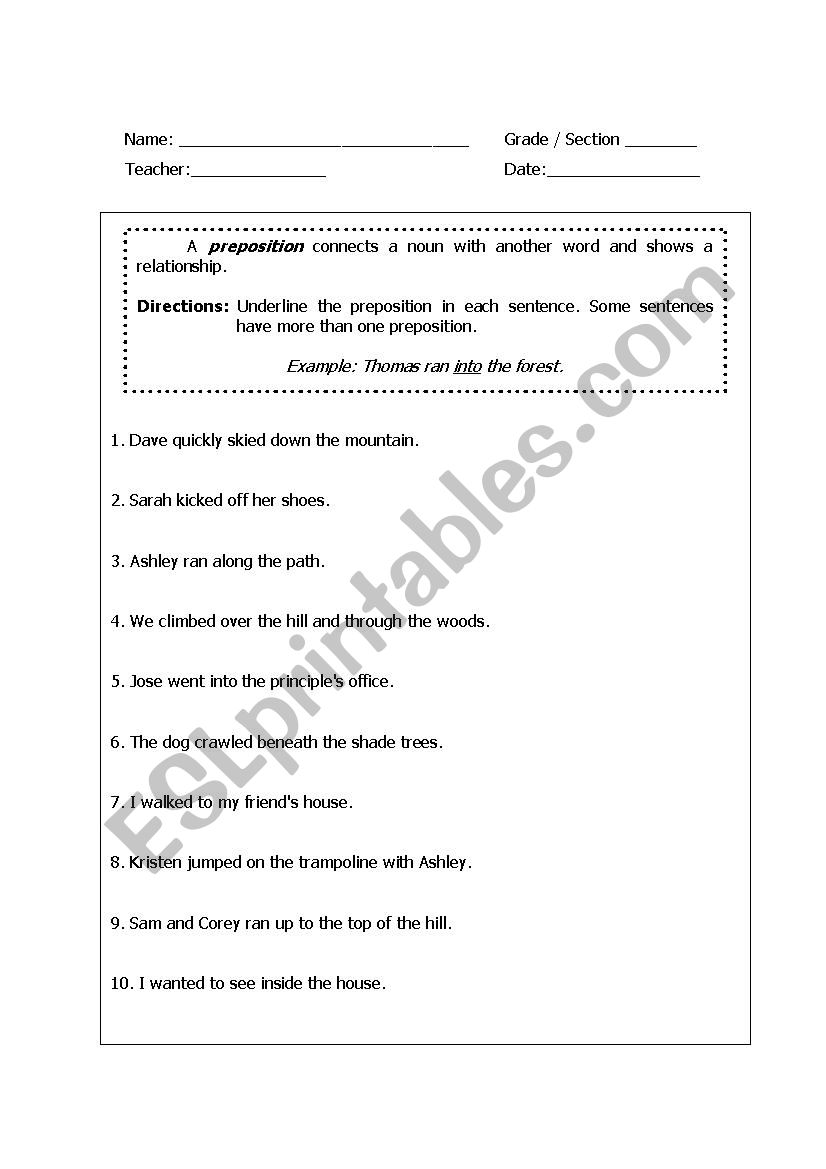 Preposition worksheet