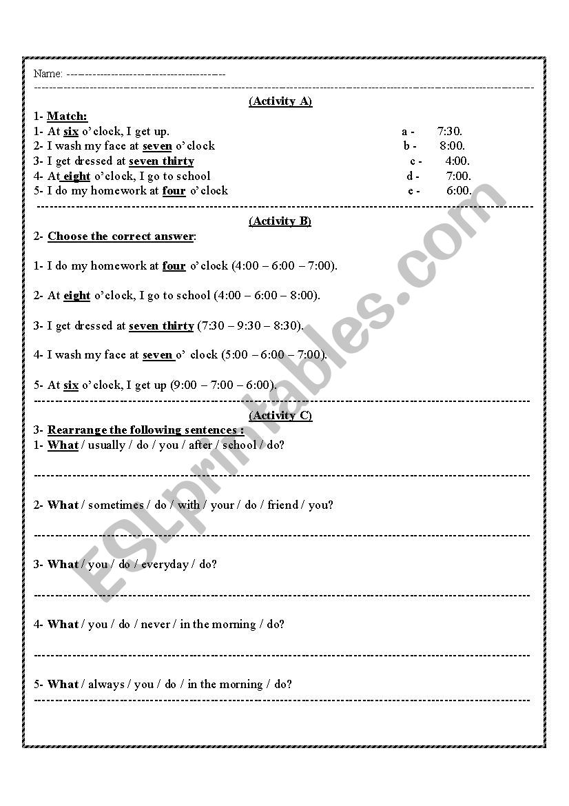 daily activities worksheet