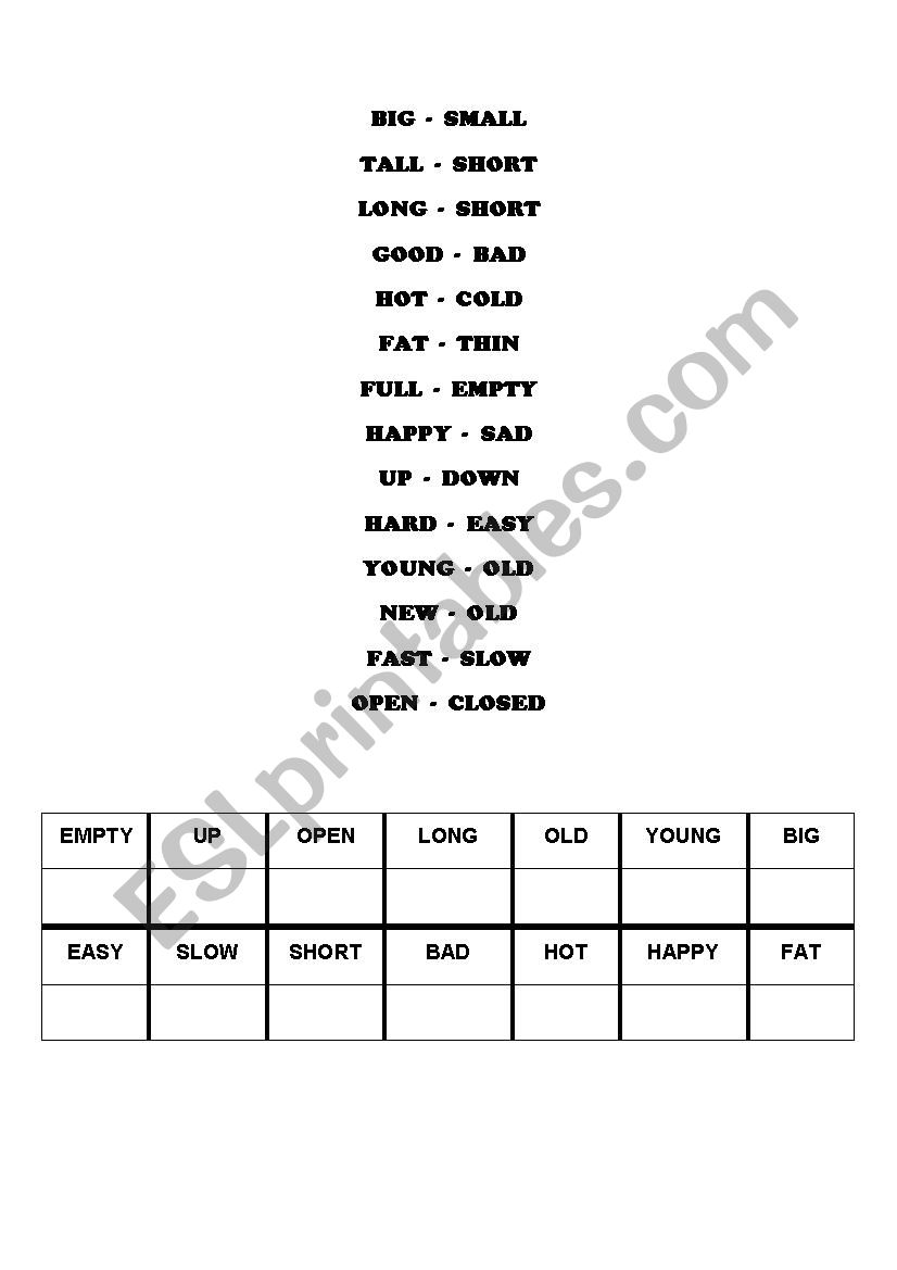 Opposites worksheet