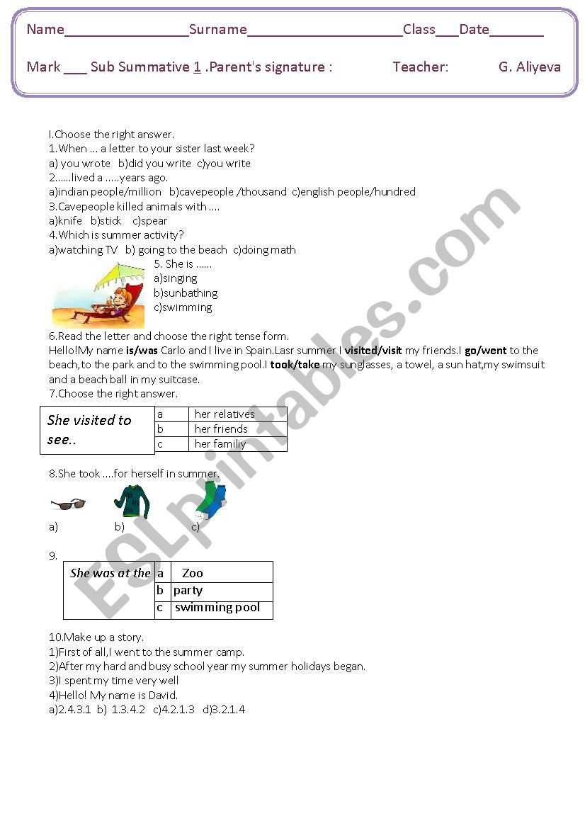 sub summative test worksheet