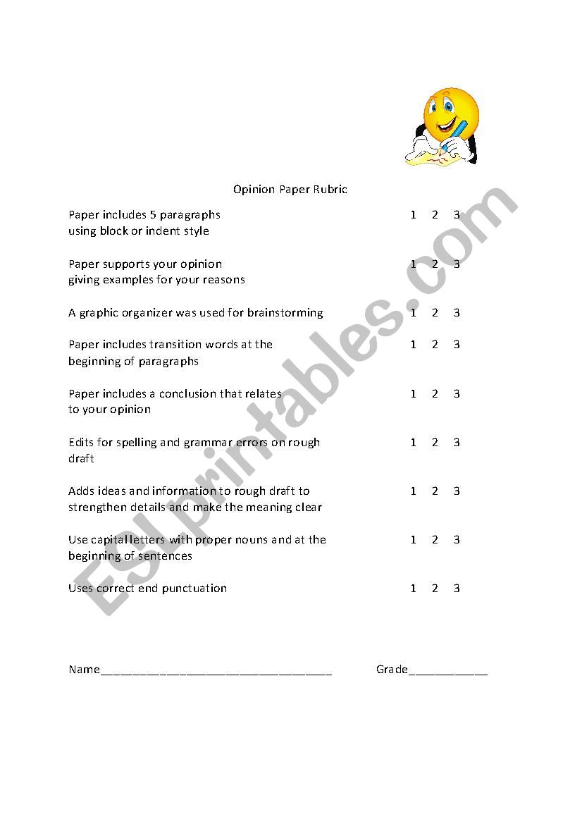 Rubric for Opinion Paper worksheet