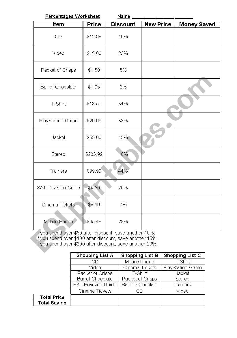 Percentage worksheet worksheet