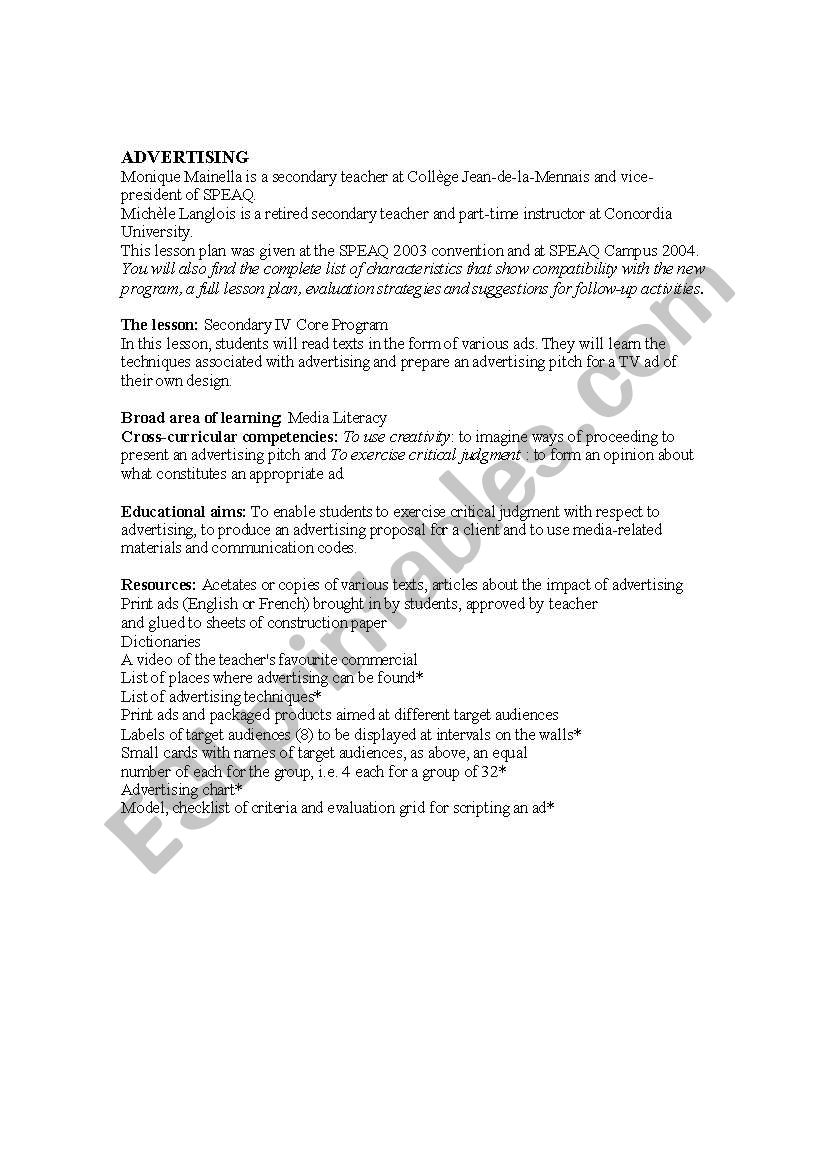 Advertising worksheet