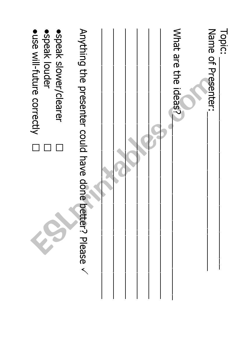 assessment sheet for students while listening to presentations