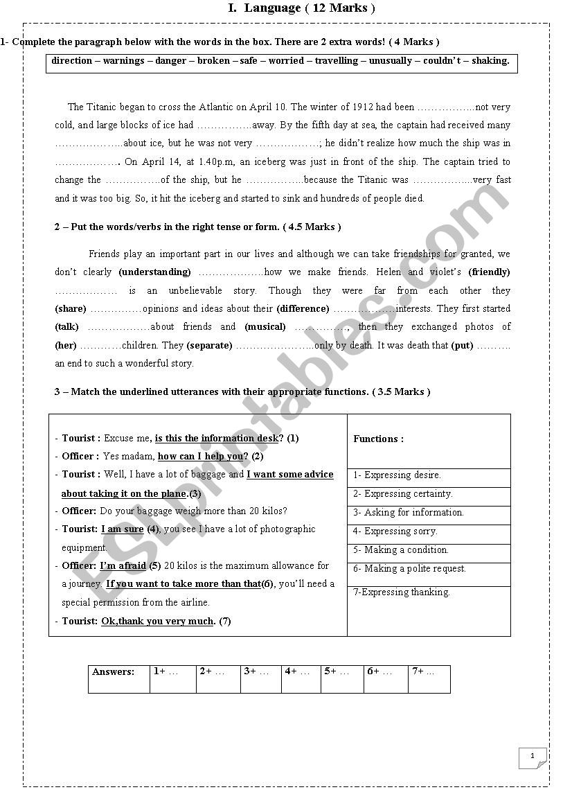 language task for first forms worksheet