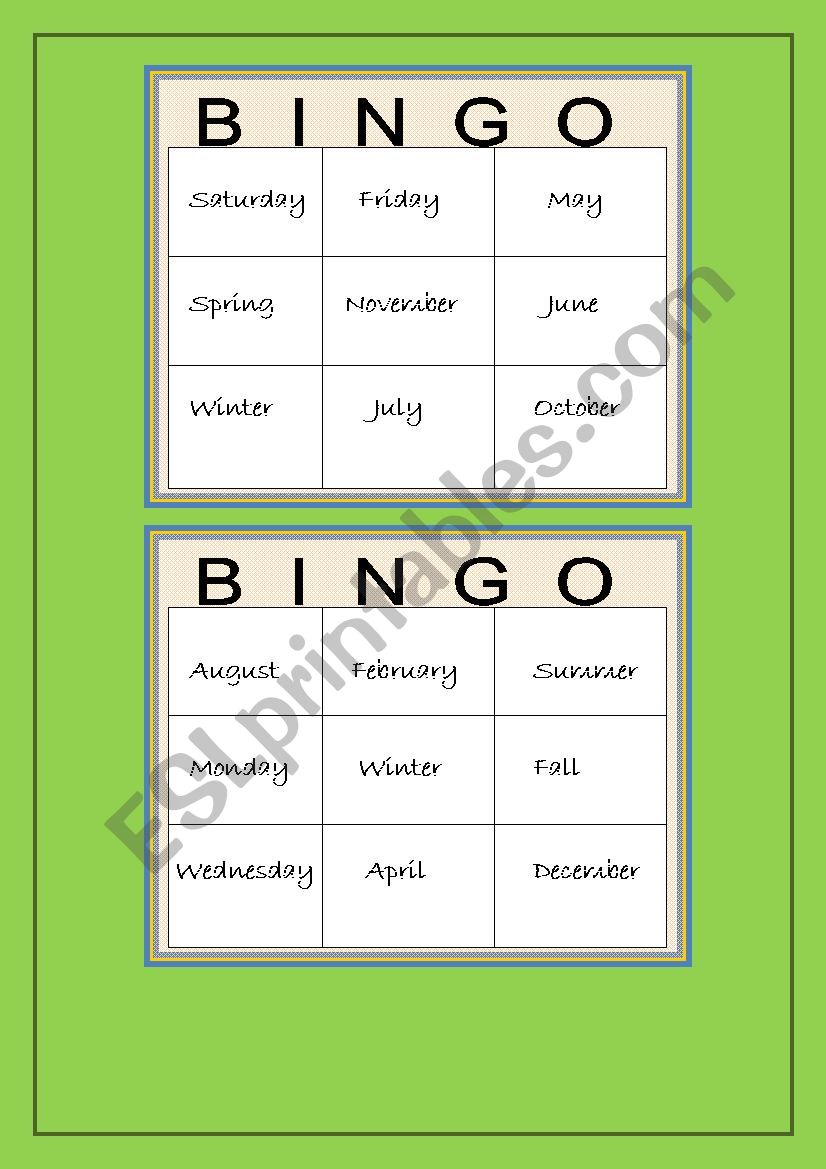 Bingo game: Days of the week; months of the year and seasons - ESL  worksheet by macasan