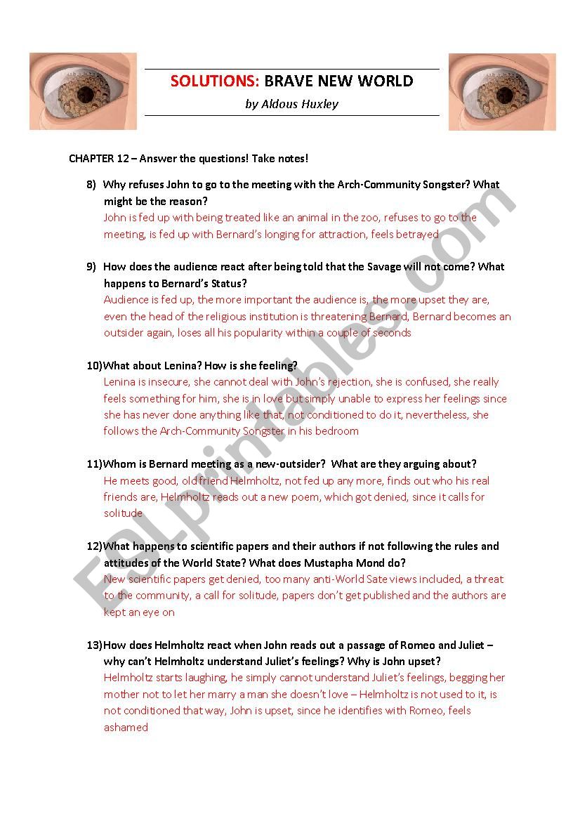 BRAVE NEW WORLD by Huxley - Worksheets chapters 22-22 + KEY NOTES With Fed Up Worksheet Answer Key