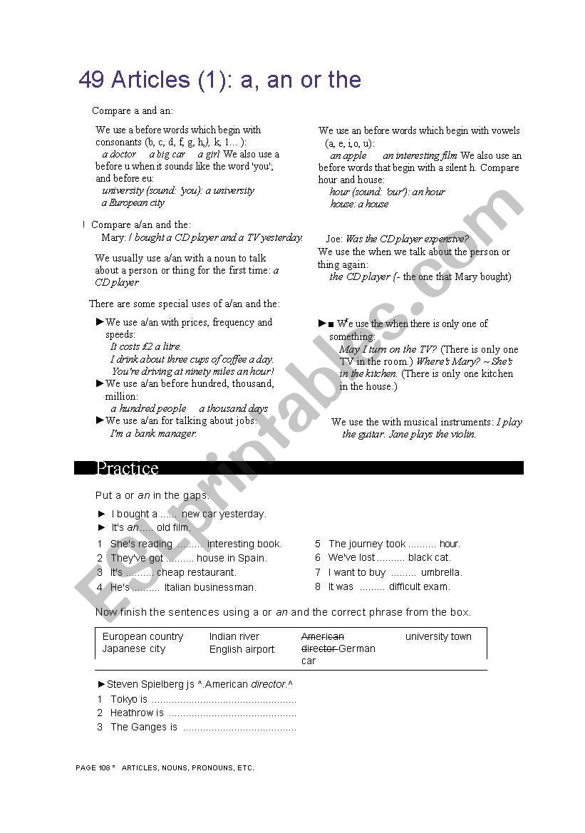 articles worksheet