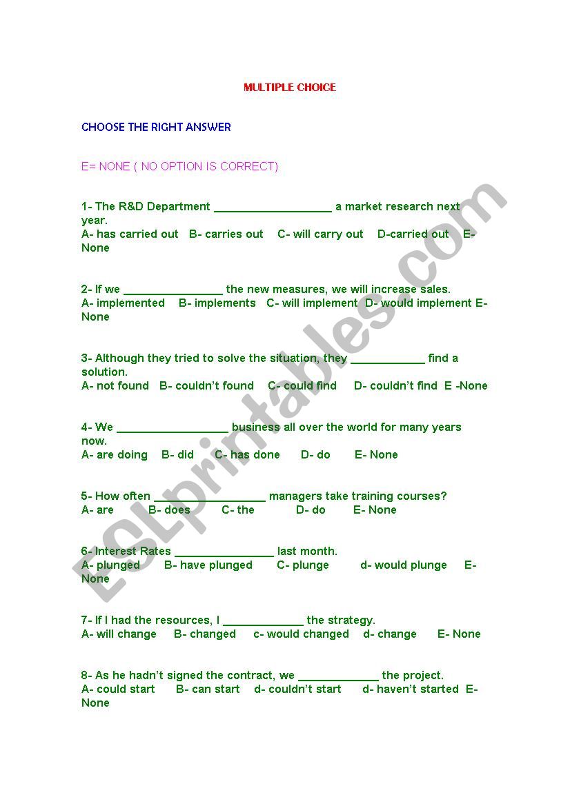 Multiple Choice Exercise worksheet