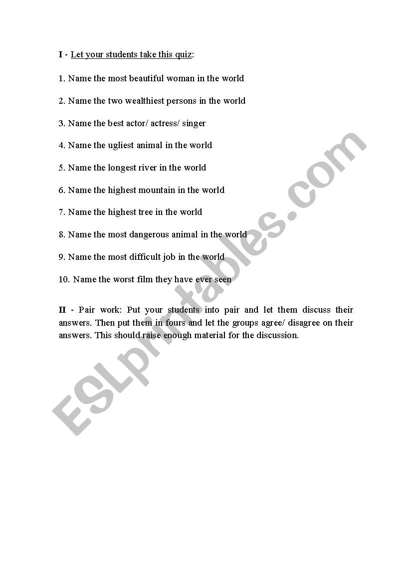 Superlatives - Quiz questions worksheet