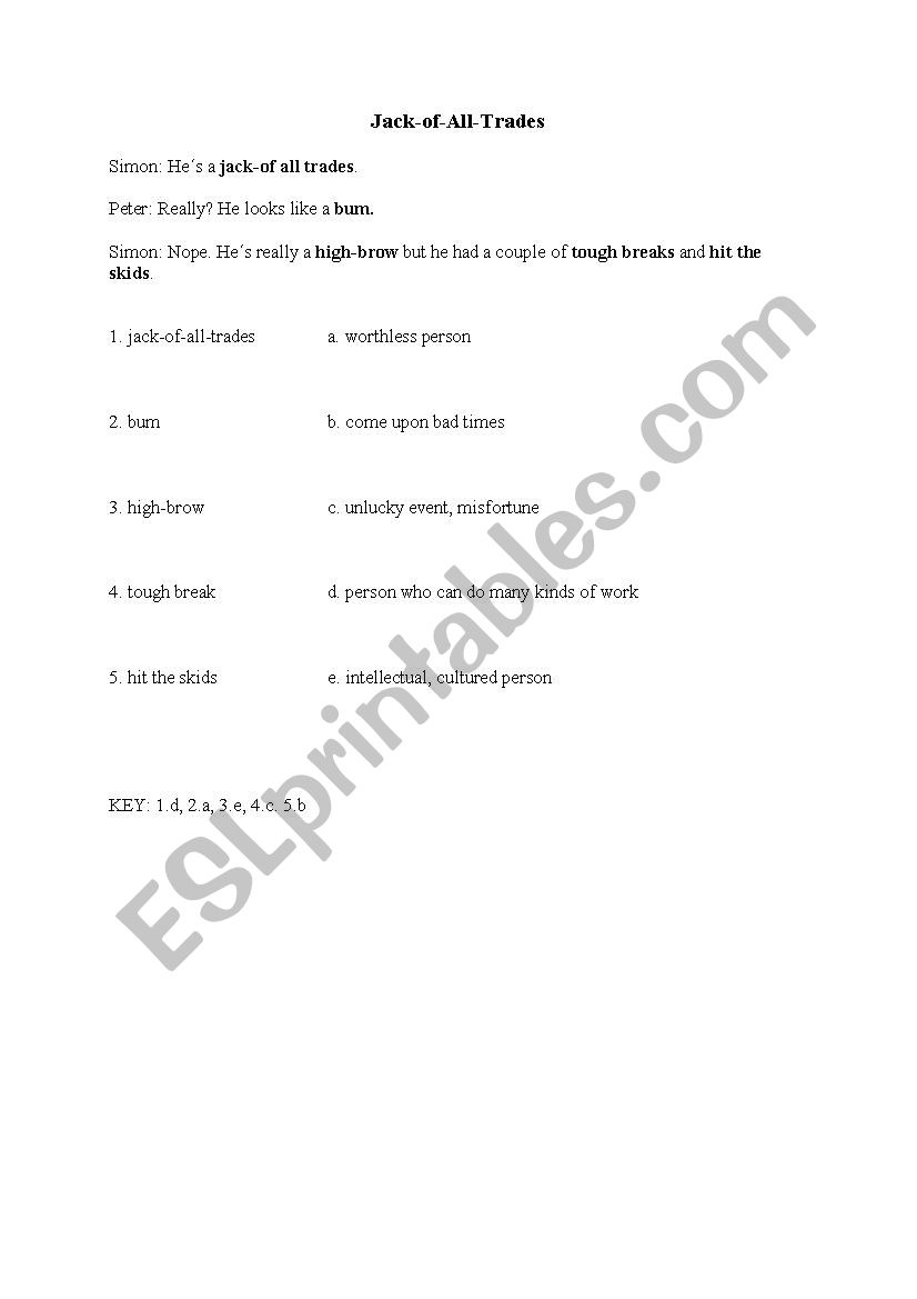 Idioms - Jack of all trades worksheet