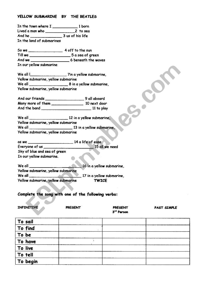Verb revision with a song worksheet