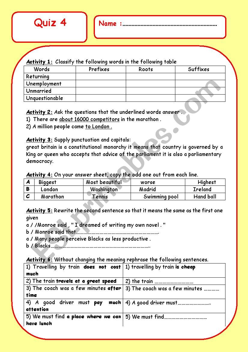 quiz 4 - ESL worksheet by mestour.m