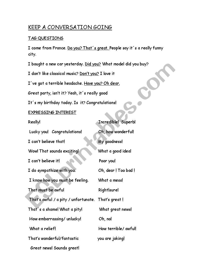 Keep A Conversation Going ESL Worksheet By Sonsoles