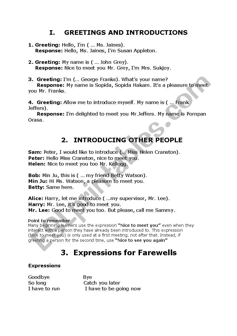Greetings and introductions worksheet
