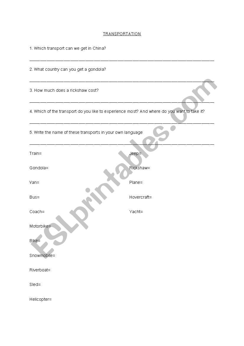 Transport worksheet