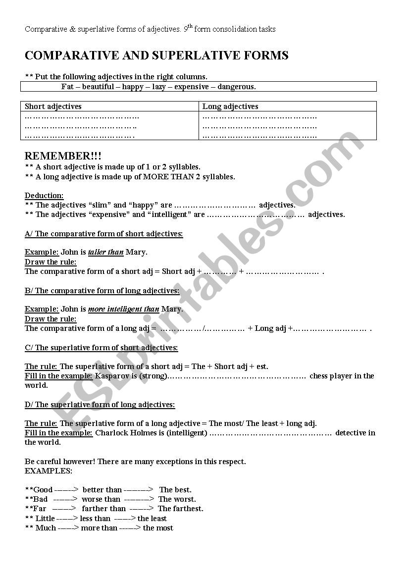 9th form comparative & superlative forms of adjectives consolidation tasks