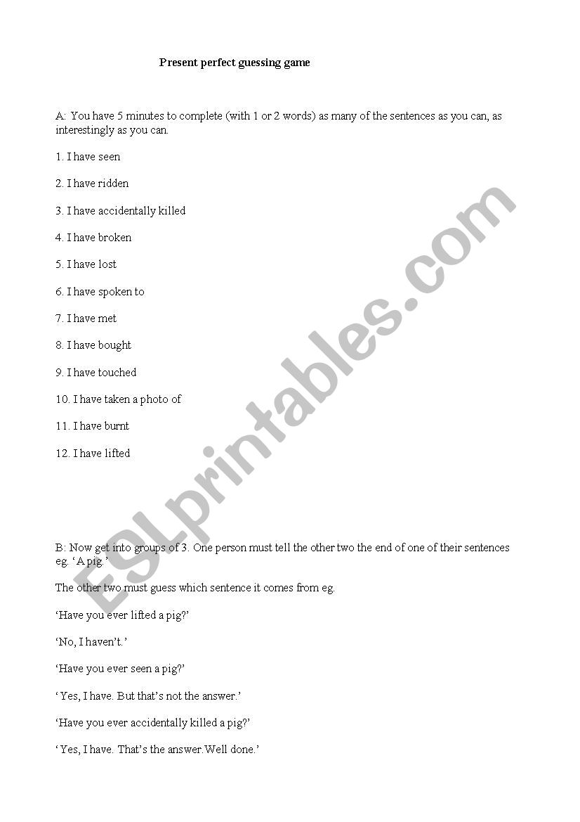 Present Perfect guessing game worksheet