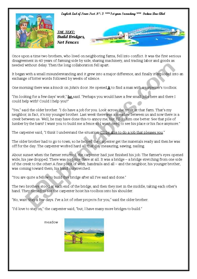 English End Of Term Test N° 3 First Year Secondary - ESL worksheet by ...