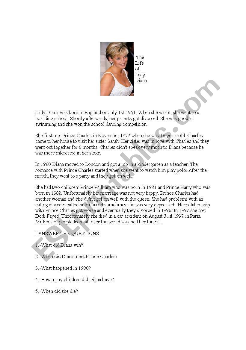 The life of Lady Diana - ESL worksheet by mariela patricia