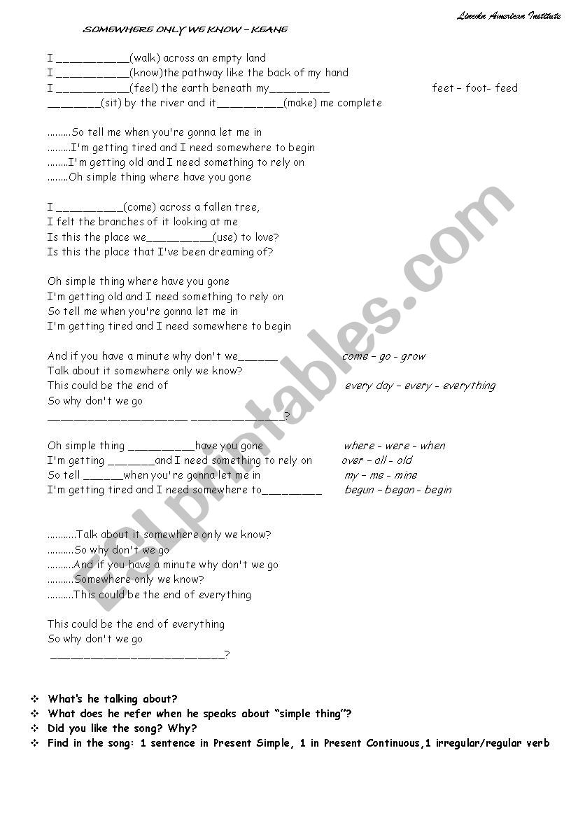 Somewhere only we know worksheet