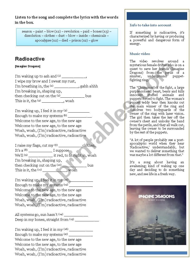 Song Radioactive By Imagine Dragons Esl Worksheet By Briannaevans - radioactive imagine dragons roblox id