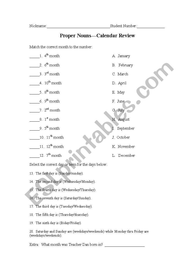 Calendar Review worksheet