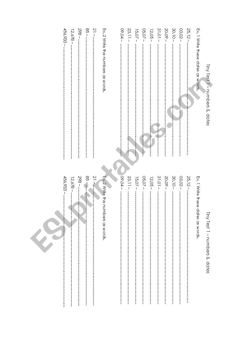 Dates & Numbers Tiny test worksheet