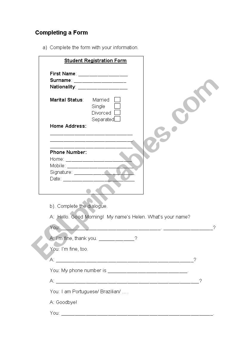 Completing A Registration Form And A Dialogue ESL Worksheet By Anapaiva