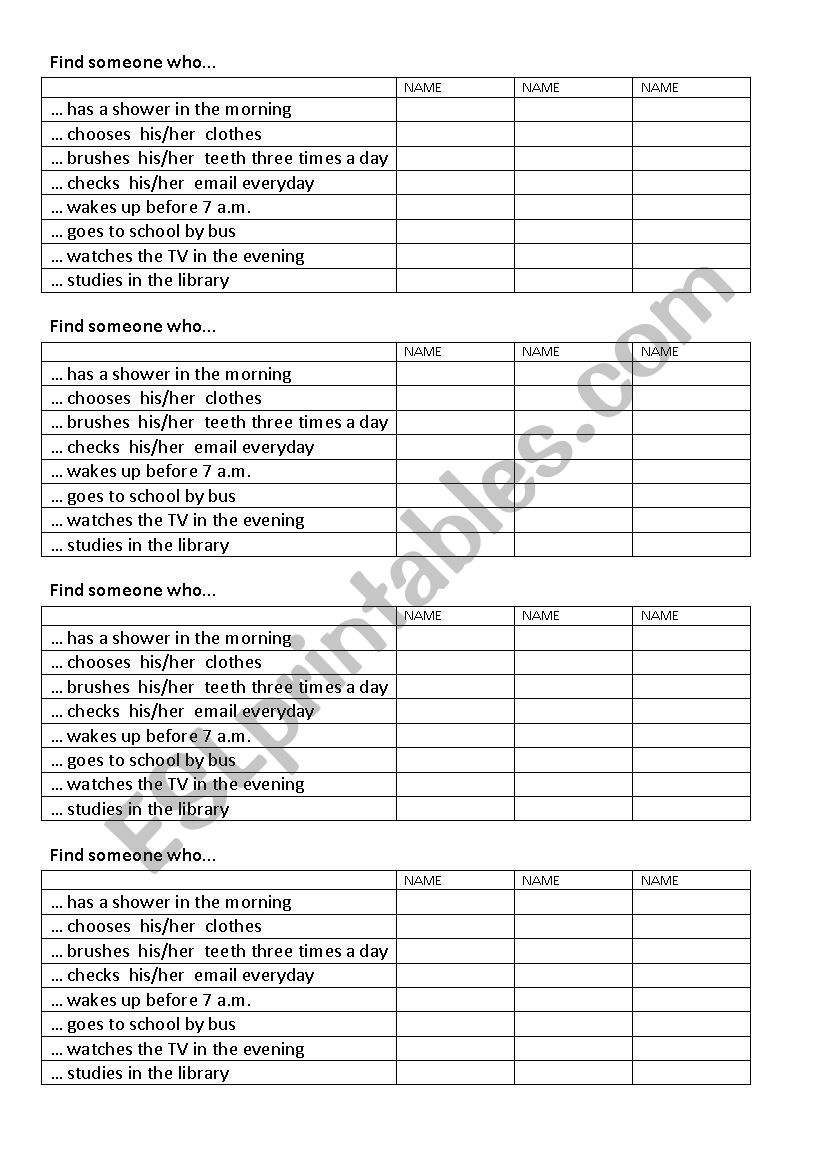 Find someone who daily activities - ESL worksheet by andradecrisis
