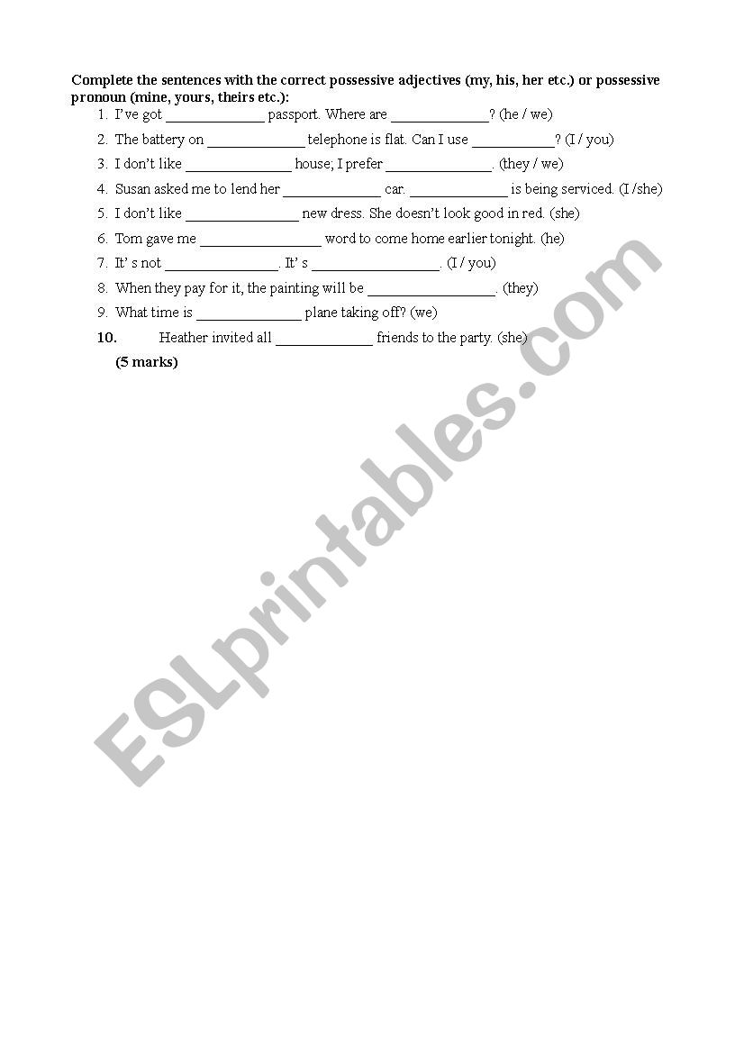 Worksheet on Possessive worksheet