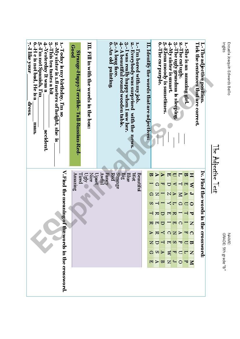 Adjectives test worksheet